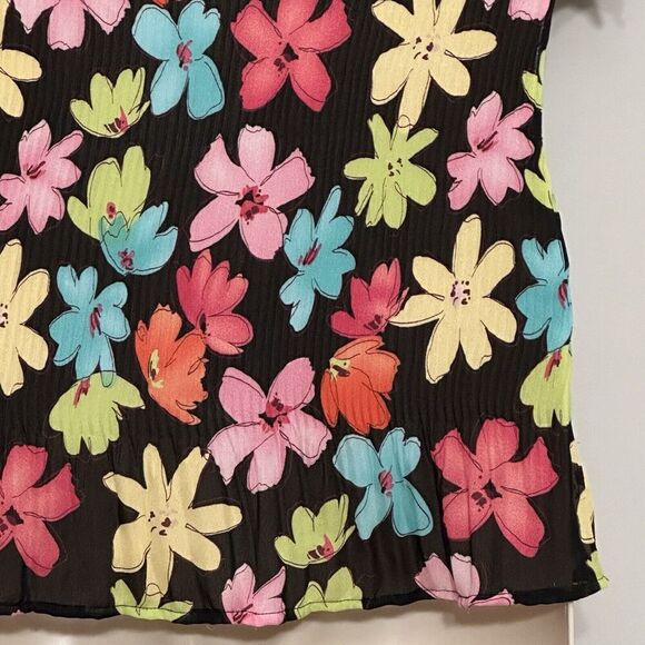 Vintage Funky Women Top XL Black Bright Floral Micro Pleat Crinkle Retro Mod Y2K - Picture 8 of 14